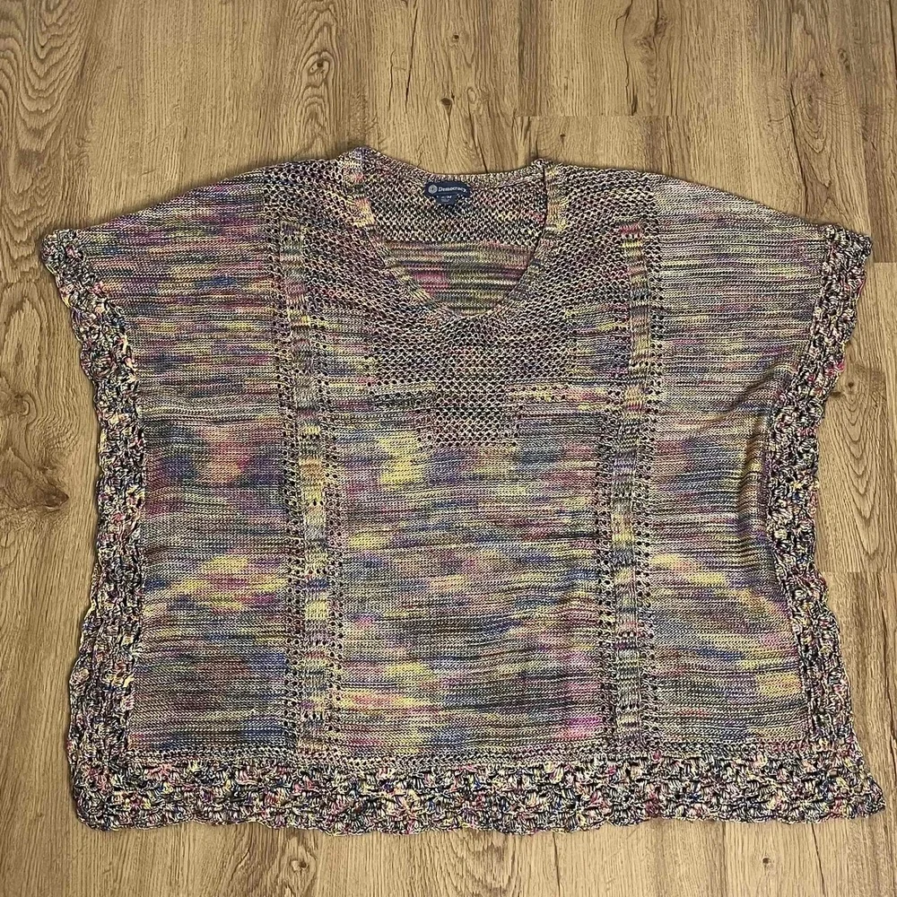 Rainbow Multicolor Vneck Crochet Pattern Loose Fit Boho Poncho‎ Small Medium